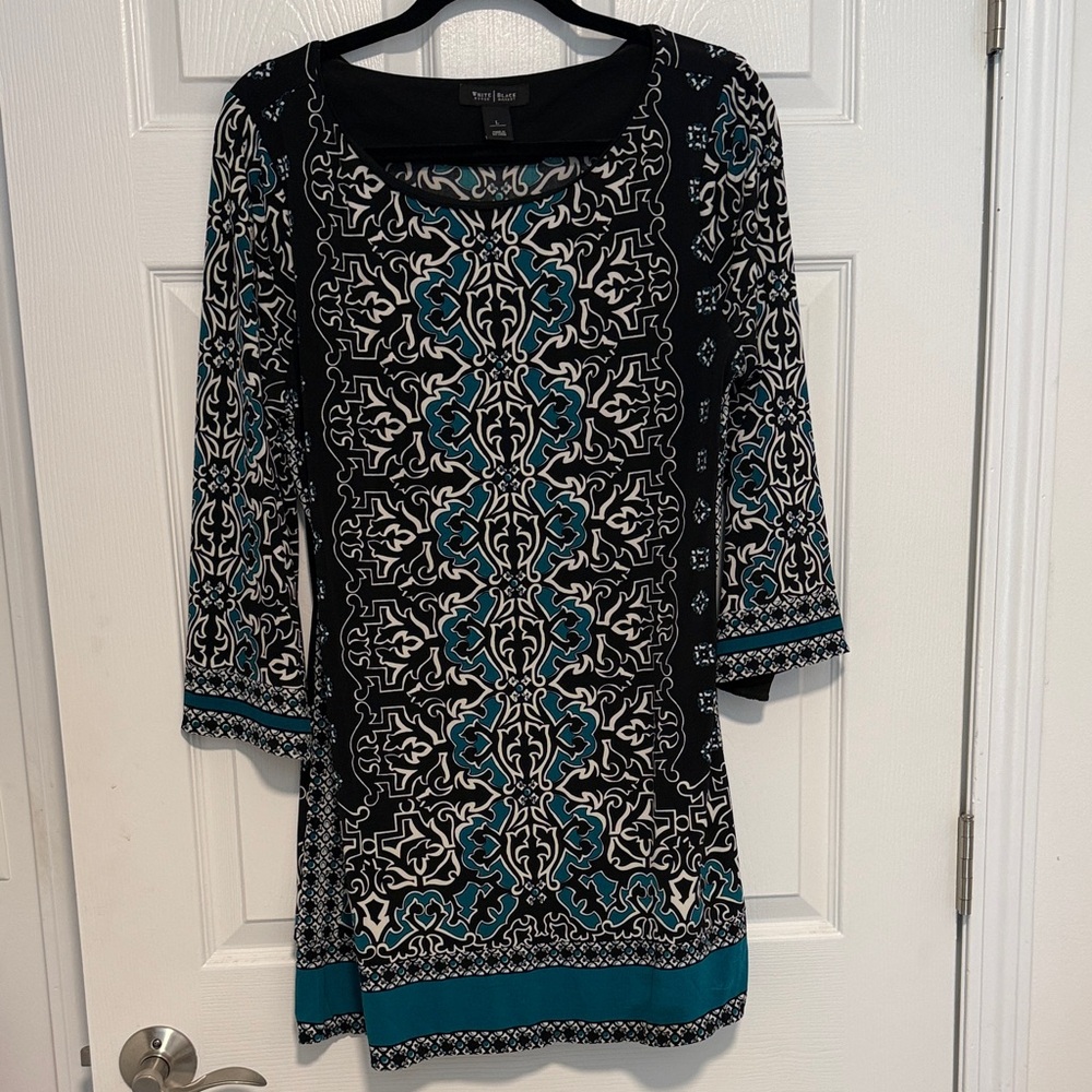 White House Black Market Black Top with Teal & Cream Medallion Print